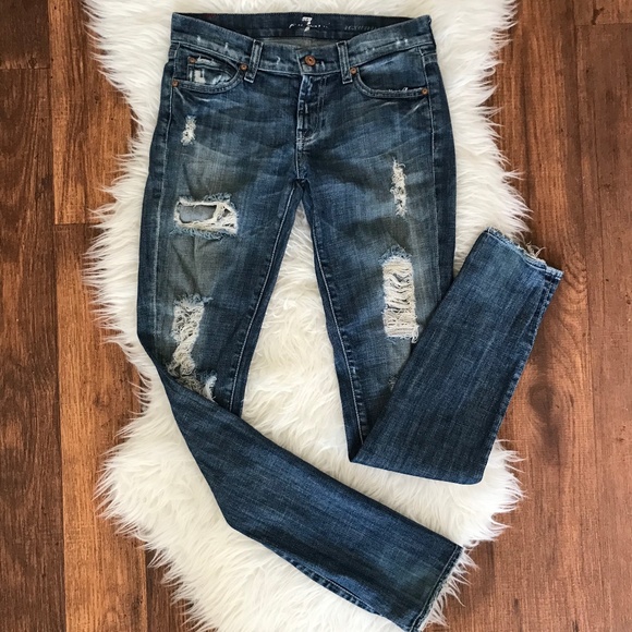 7 For All Mankind Denim - 7FAM 'Roxanne' Distressed Ripped Skinny Blue Jeans